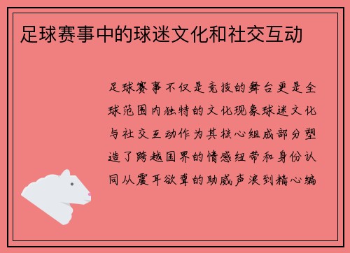 足球赛事中的球迷文化和社交互动