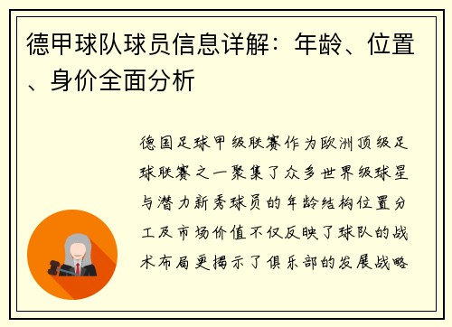 德甲球队球员信息详解：年龄、位置、身价全面分析